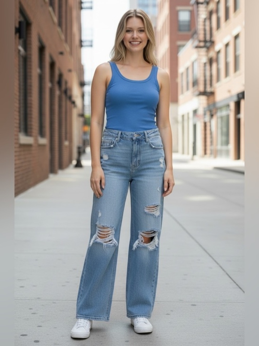 Hollister Blue Flare Wide Leg Jeans with Distressed Details